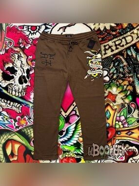 Ed Hardy Mens XL Cocoa Brown Sweatpants Death Before Dishonor Eagle NEW Y2K
